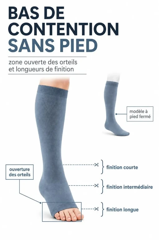 Bas de contention sans pied : schéma comparatif des longueurs de finition et différence avec un pied fermé
