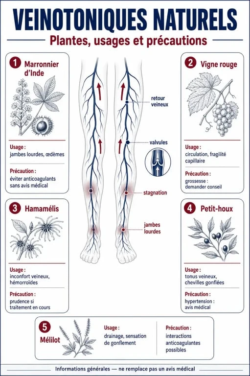 Infographie veinotonique naturel sur le retour veineux, les plantes clés et les précautions d’emploi