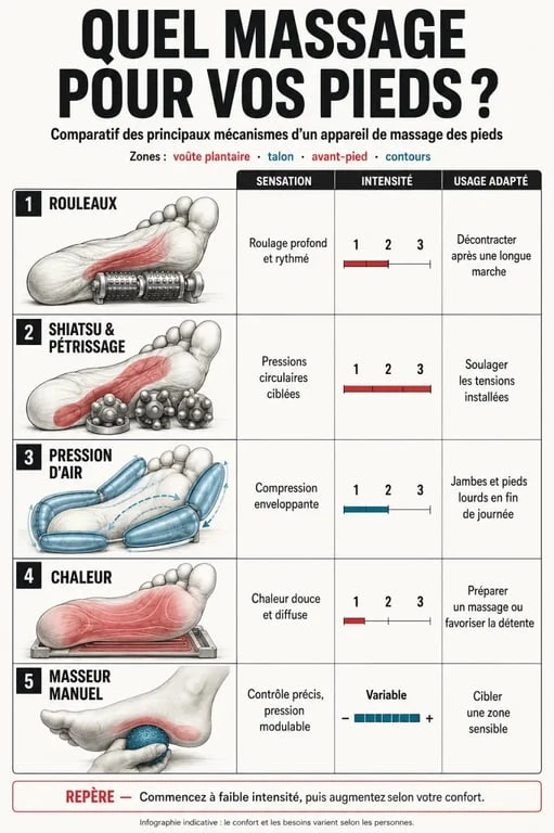 Infographie comparative des technologies d’un appareil de massage pieds