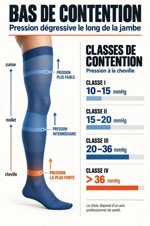 Infographie sur les bas de contention en pharmacie et les classes de compression