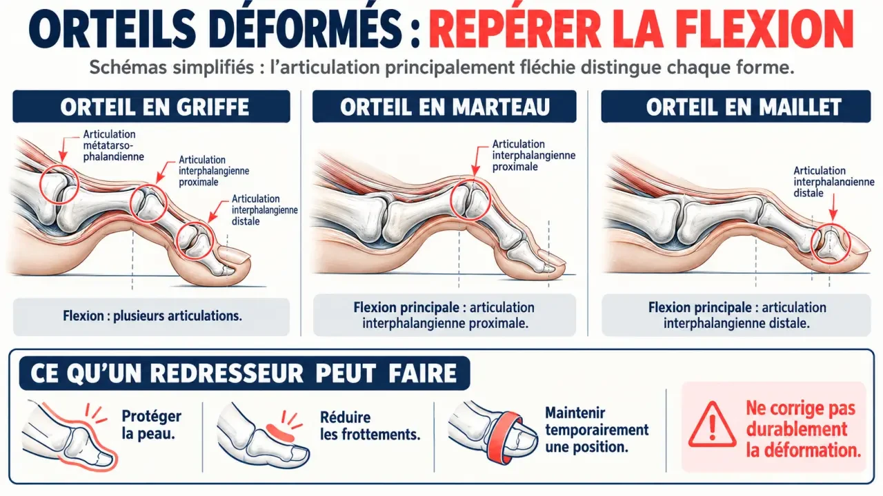Infographie sur le redresseur orteil en griffe : différences entre orteil en griffe, marteau et maillet et objectifs du dispositif