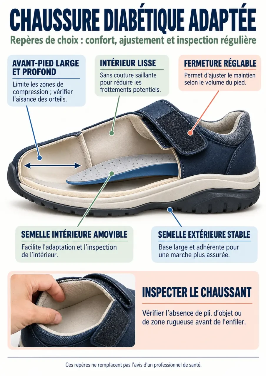 Infographie sur les caractéristiques d’une chaussure diabétique adaptée