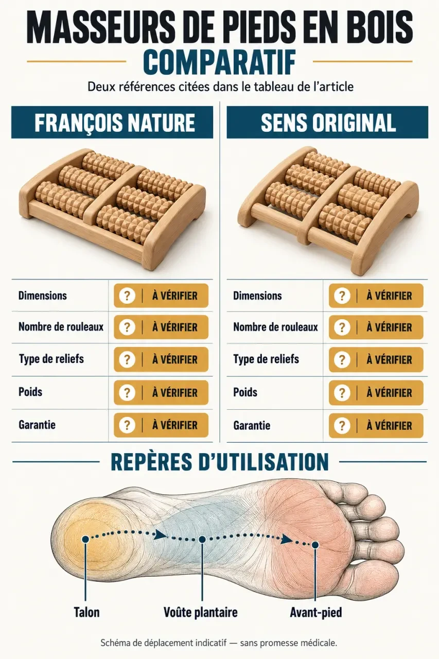 Infographie comparative d'un masseur de pieds en bois selon les rouleaux, dimensions et reliefs