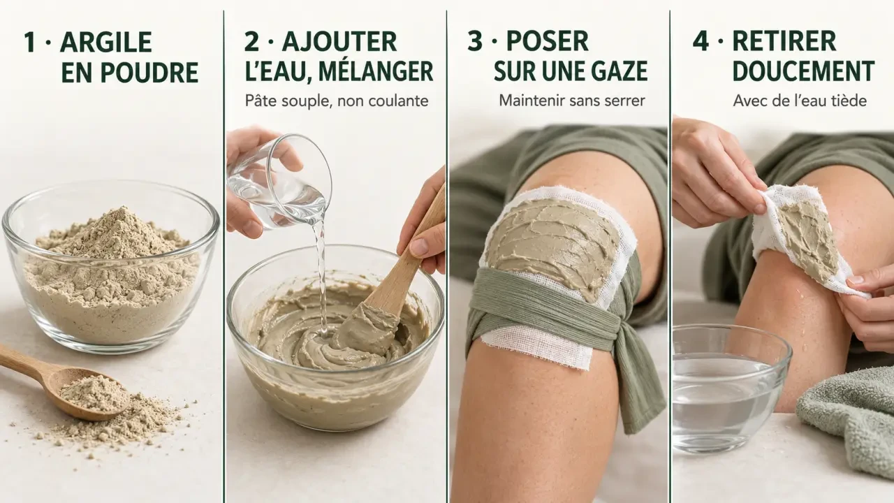 Étapes de préparation et d’application d’un cataplasme argile sur le genou