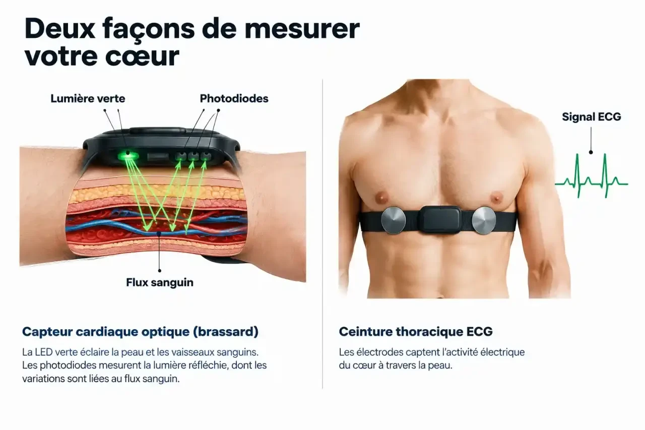 Schéma du fonctionnement d'un capteur cardiaque brassard optique comparé à une ceinture thoracique ECG