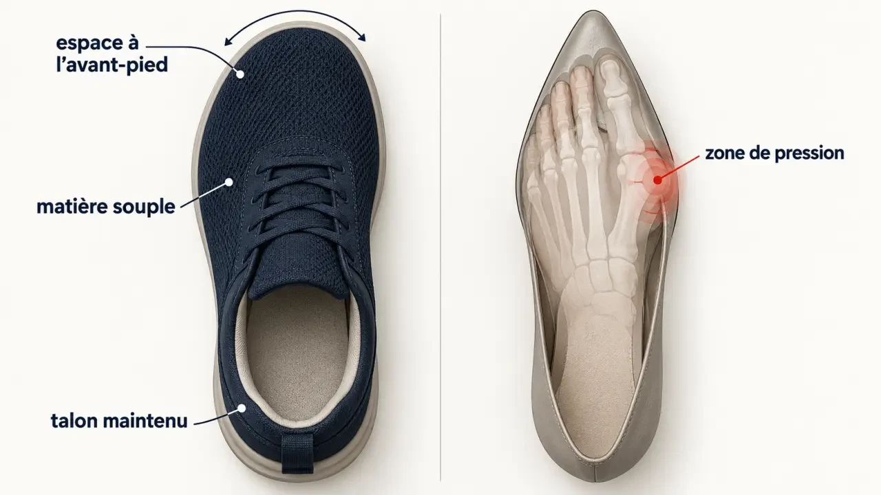 Jolies chaussures hallux valgus : espace à l’avant-pied et zones de pression à comparer
