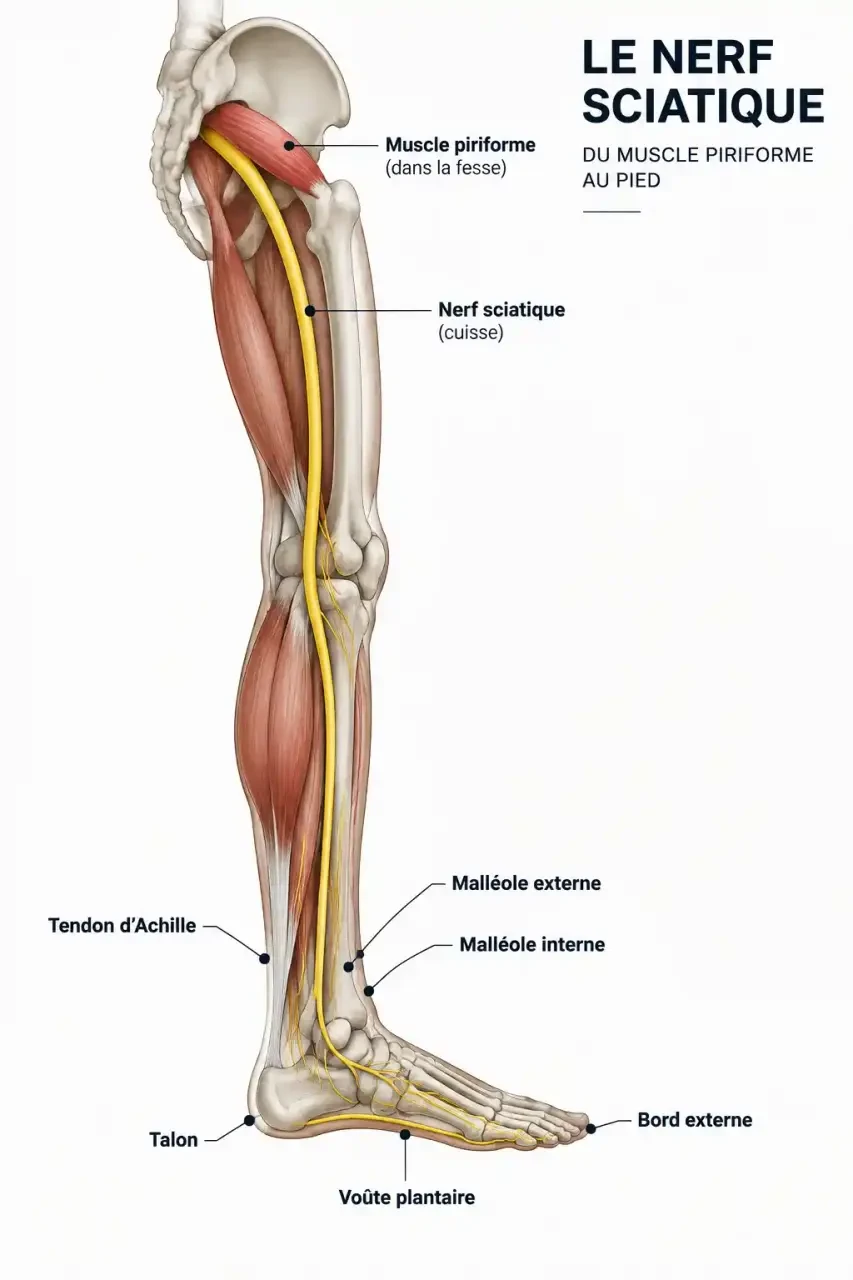 Schéma du massage du pied et du nerf sciatique : trajet du nerf de la fesse au pied et zones à masser (talon, bord externe, voûte plantaire, malléoles)